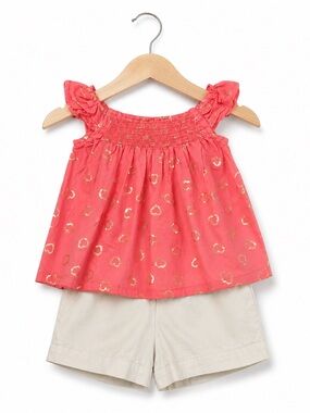 Penelope Mack Baby Girl 18M‎ Pink Gold Heart Smocked Top and White Shorts Set